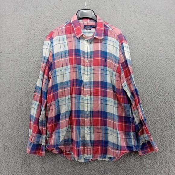 Polo Ralph Lauren Shirt Mens XL Red White‎ Blue Linen Madras Plaid Relaxed Fit - Picture 1 of 7